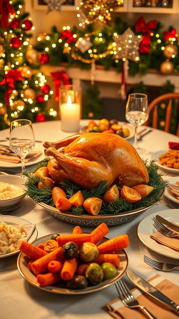 Festive Christmas Dinner Table Ideas A festive Christmas dinner table with roast turkey, side dishes, and holiday decorations.